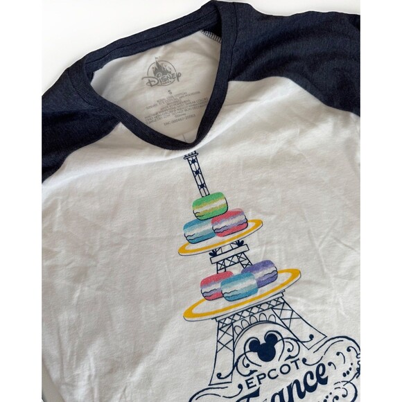 Disney Epcot France Macaron Eiffel Tower Raglan T Shirt White Grey Gray SZ S NWT - Picture 2 of 7